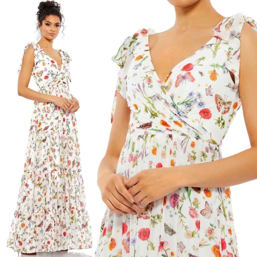 Mac Duggal Floral Print Sleeveless Tie Shoulder Chiffon White Gown NEW Size 12